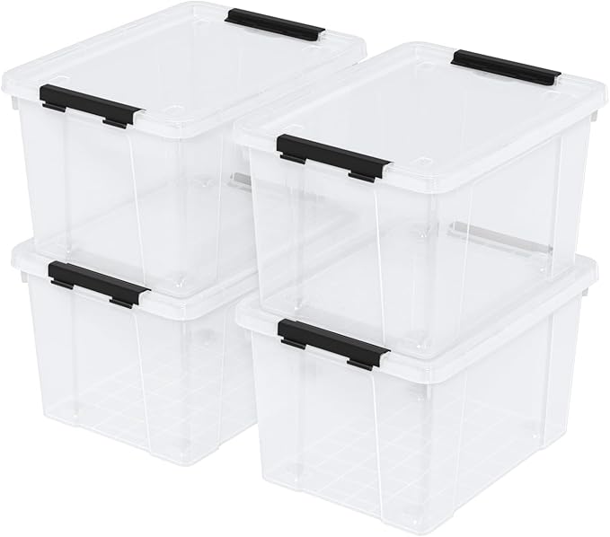 4 Pack 23 L Plastic Latching Storage Box with Wheels Stackable Container Bin for Holiday Decorations and Accessories Clear
