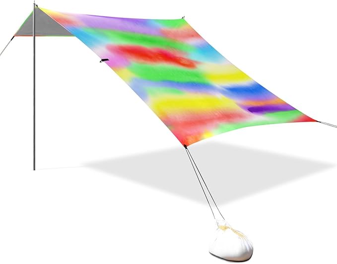 Beach Canopy with Windproof Ropes &amp Sandbags Beach Tent Sun Shade Sun Shelter for Camping Trips Fishing Backyard Fun or Picnics Rainbow Stripes