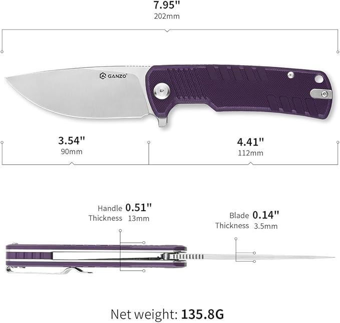 Firebird Ganzo G769-PL EDC Folding Pocket Knife Razor Sharp D2 Stainless Steel Blade G10 Handle with Clip Outdoor Pocket Knife Hunting Fishing Hiking Folder Best Gift for Men (Purple)