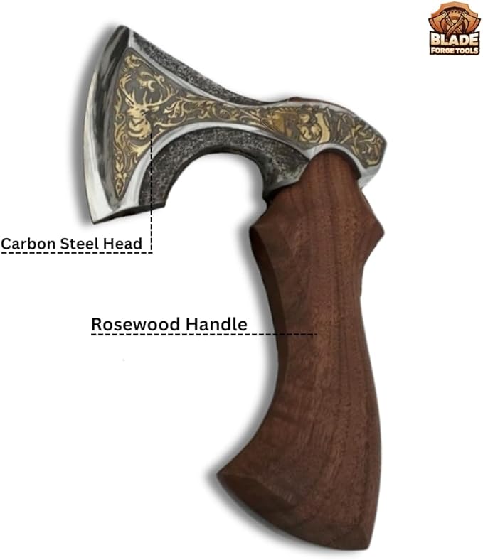 Carbon Steel Head with Hardened &amp Razor Sharpened Edge Rose Wood Handle Uniquely Designed Head Tomahawk Battle Axe with Premium Leather Sheath
