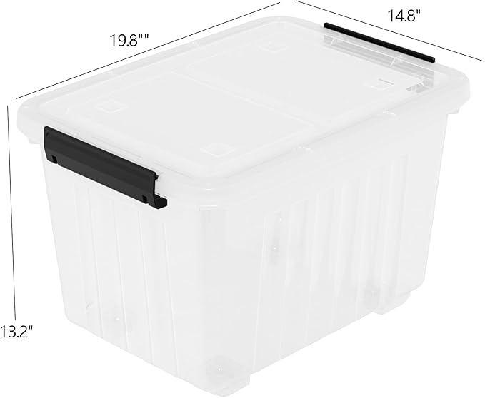 4-Pack 50 Quart Plastic Storage Bin Box Organizing Container with Lid and Secure Latching Buckles Stackable Wheeled Box Clear