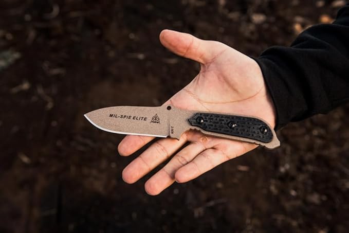 TOPS Knives Mil-Spie Elite Full Tang Fixed Blade- Coyote Tan Coating- Black Kydex Sheath w/Rotating Spring Steel
