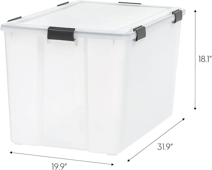 IRIS USA 156 Qt Storage Box with Gasket Seal Lid BPA-Free Made in USA - Heavy Duty Moving Containers with Tight Latch Weather Proof Tote Bin WEATHERPRO - Clear/Black