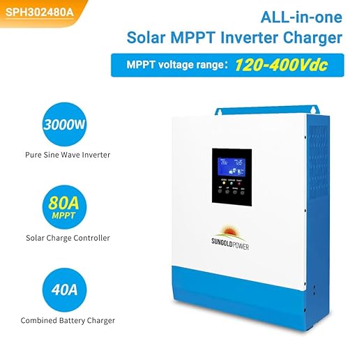 SUNGOLDPOWER 3000W 24V Solar Inverter All in One 120Vac Input120V Output Pure Sine Wave 80A MPPT(PV Range 120-450Vdc) Solar Charger and 40A AC Battery Charger in Off Grid System