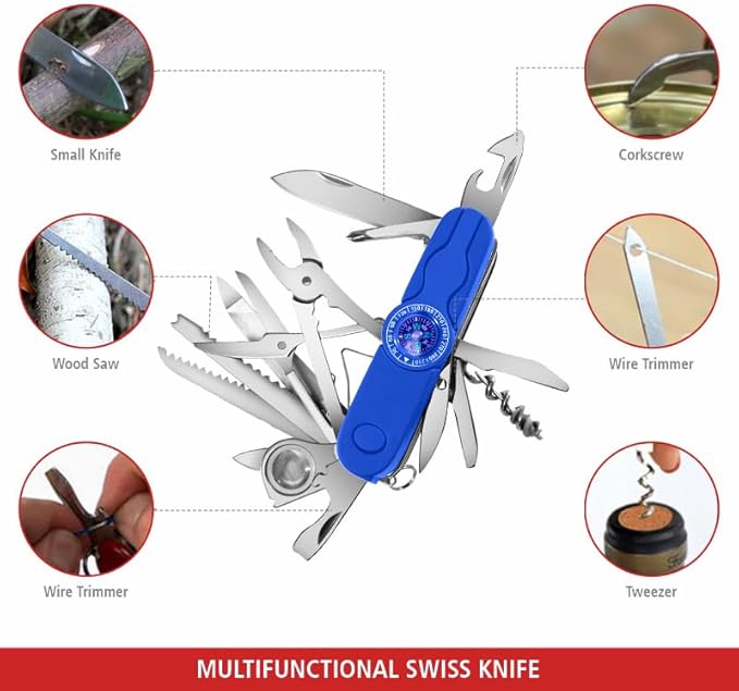 Swiss Eagle 30-in-1 Classic Pocket House Hold &amp Campaign Tool Premium Multi Tool Pocket Tool with Compass Scissor Screwdriver Plier Magnifying Glass Tweezer for Christmas Gifts - Blue