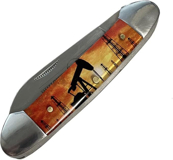 WHISKEY BENT HAT CO. Traditional Canoe Folding Knife 3.63 Closed Length 440C Stainless Steel Blades (Pump Jack Sunset)