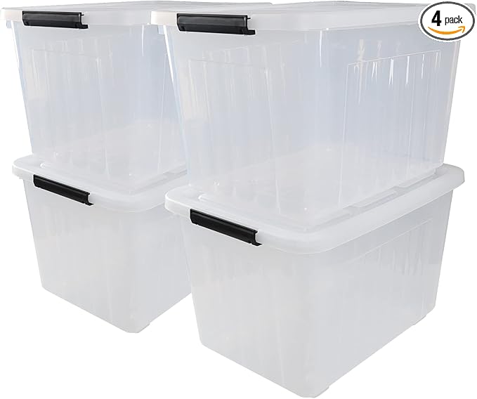 70 Qt Stackable Plastic Storage Bins with Lids 4 Pack See-Through Organizing Containers Box Durable Nestable Containers Organize Shoes Closet Shelves Clothes Blankets Towels Clear
