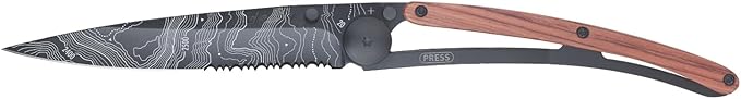 deejo - 37G Serrated Folding Pocket Knife with Belt Clip - Topography Design 3.7-Inch Stainless Steel Blade Black Titanium Finish Coral Handle - Lightweight EDC for Home Work and Outdoor Use