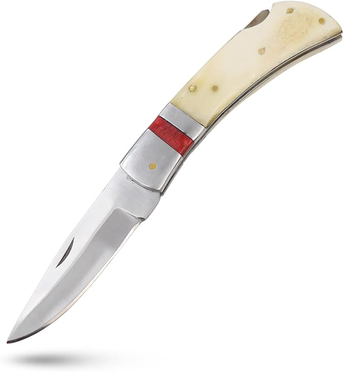 7 Handmade Folding Pocket Knife – 3 440 Stainless Steel Clip Point Blade – Silver Bolster – Genuine Leather Sheath Included (Bone &amp Wood)