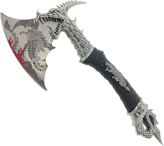 14.5 Underworld Dragon Camping EDC Fantasy Decorative Hatchet Knife Etched Stainless Steel Blade Abs Dragon Shaped Handle Decorative Guard and Pommel with Wooden Stand