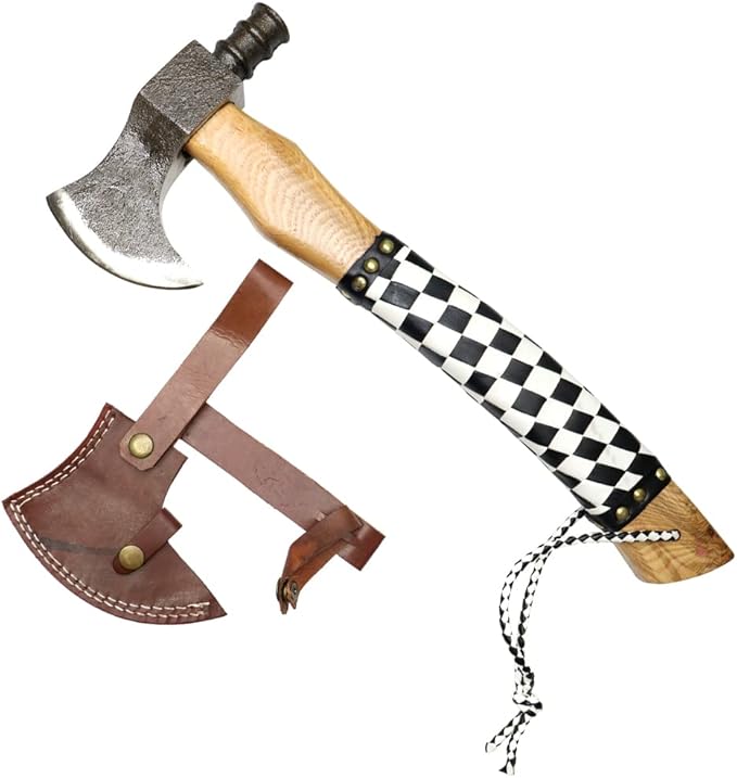 TheBoneEdge 18 White &amp Black Leather Wrapped Handle Steel Forged Blade Hunting Axe with Sheath