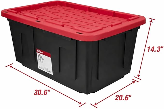 27 Gallon Large Storage Bin with Snap Lid Heavy Duty Plastic Storage Container Black and Red 4 Pack
