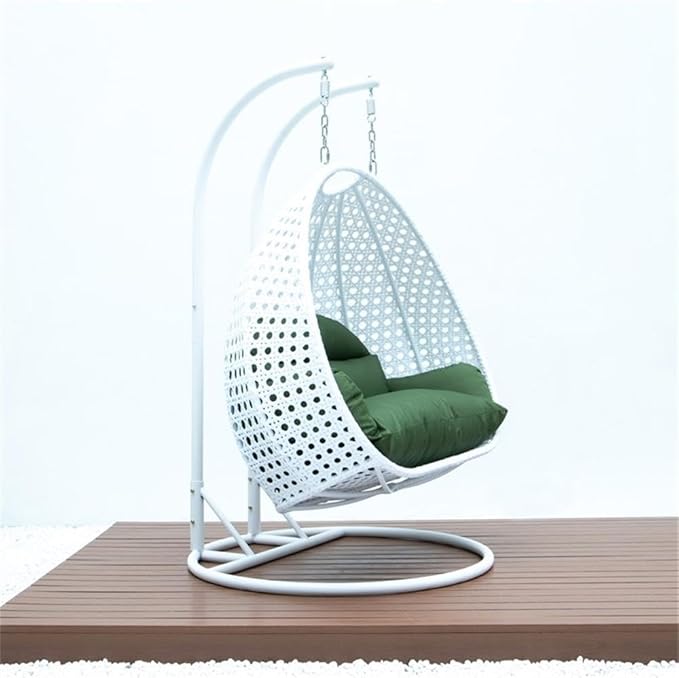 LeisureMod 2 Person Hanging Egg Chair Indoor Outdoor Patio Lounge Swing with White Stand &amp UV-Resistant Cushions Hammock Chair for Bedroom &amp Garden Dark Green