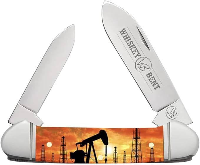 WHISKEY BENT HAT CO. Traditional Canoe Folding Knife 3.63 Closed Length 440C Stainless Steel Blades (Pump Jack Sunset)