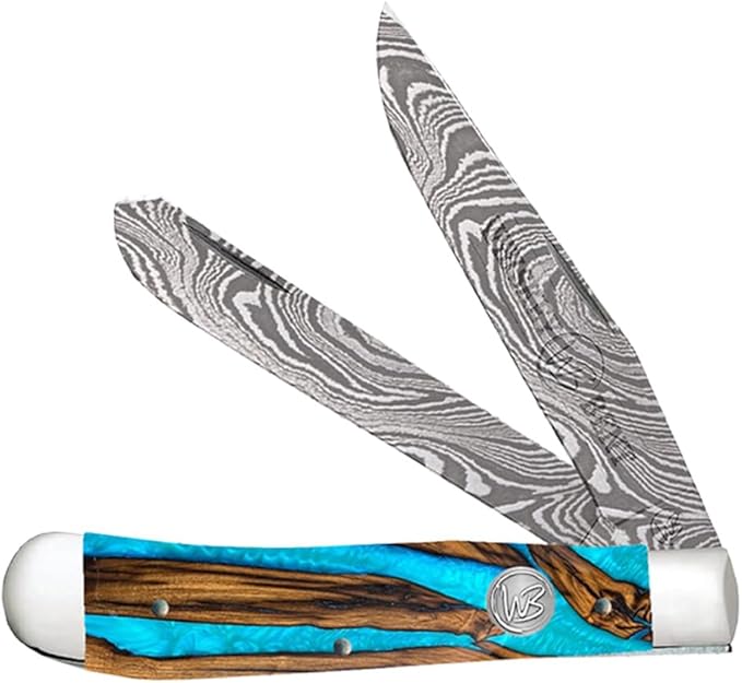 WHISKEY BENT HAT CO. Traditional Trapper Folding Pocket Knife 4.125 Closed Length 440C Stainless Steel Blades (Spring Branch - Damascus Blades)