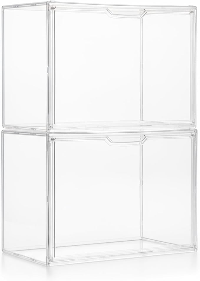 2-Pack 14.2 L x 8.9 W x 10.6 H Clear Acrylic Display Case with Magnetic Lid Stackable Storage Bins for Collectibles Figures Handbags and Shoes Dustproof Organizer Box for Home Office