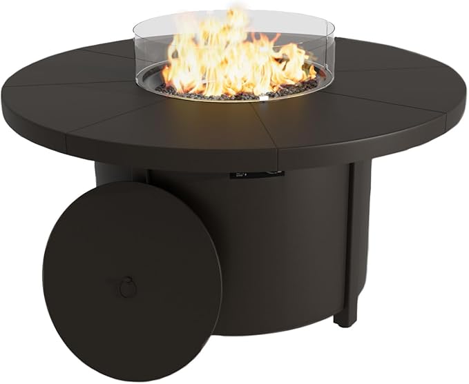 48 Round Propane Fire PitSteel Tabletop Fire Pit w Lava Rocks55000 BTU Auto-Ignition CSA Certified Gas Fire Pits with Lid &amp Windproof Glass for OutdoorPatioBackyard