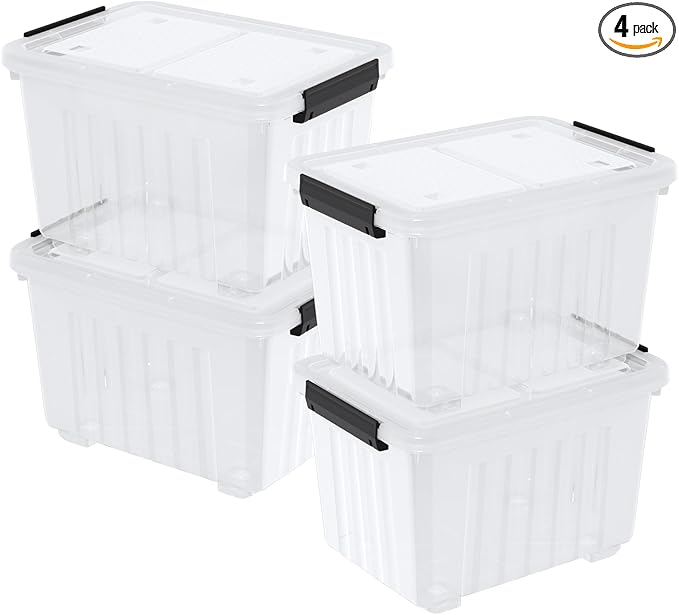 30 L Clear Latching Storage Bin with Wheels 4 Packs Plastic Storage Container Boxes with Lids