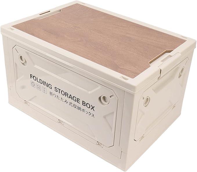 Folding Camping Storage Box with Wooden Lid Storage Bin Container with Wheels for Car Camping Picnic
