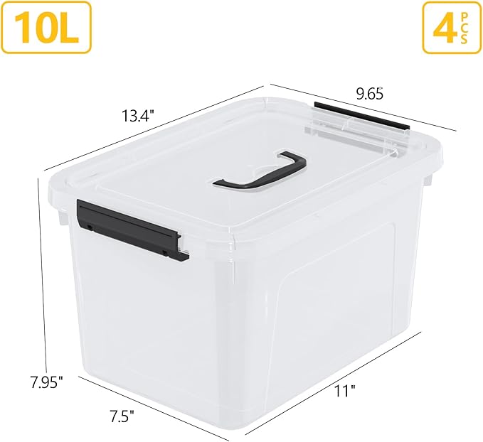 4-Pack 10 L Plastic Latching Box with Handle Clear Storage Containers Box for Organizing