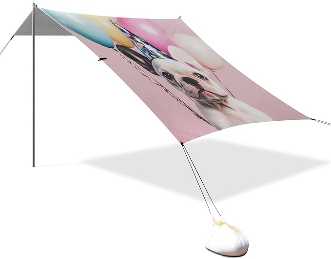 ALAZA French Bulldog Puppy Wearing Party Cap Holds Balloon Beach Tent Sun Shelter Portable Canopy Sunshade for Outdoor Camping Picnics Backyard Fun 10x9 ft