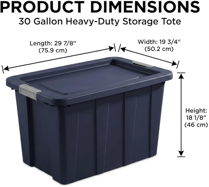 30 Gallon Heavy-Duty Storage Tote with Locking Lid | Rugged Plastic Storage Bin for Garage Basement &amp Attic Organization | Extra-Large 30 Gal Capacity Stackable Design - Dark Blue