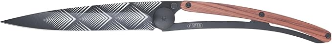 deejo - 27G Folding Pocket Knife with Belt Clip - Art Déco Design 2.95-Inch Stainless Steel Blade Black Titanium Finish Coral Wood Handle - Lightweight EDC for Home Work and Outdoor Use