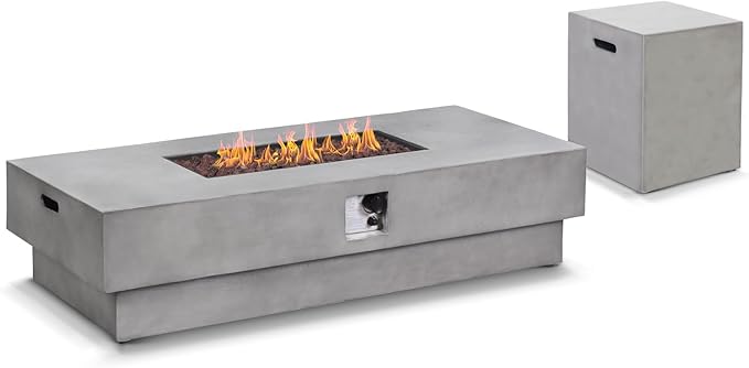 60-inch Outdoor Propane Fire Pit Coffee Table with Tank Cover 50000 BTU Concrete Rectangle Modern Outside Fire Table Auto-Ignition Included Lava Rocks Metal Lid &amp Waterproof Cover