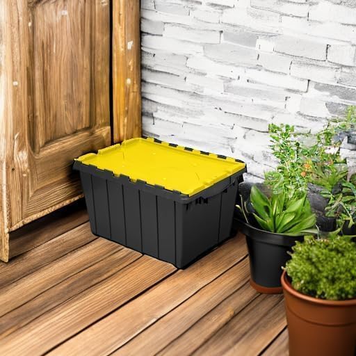 Akro-Mils KeepBox 12 Gallon Storage Container Nesting and Stackable Plastic Storage Box with Lid Attached Organizer Tote for Garages Closets Moving 21-1/2 x 15 x 12-1/2 Black/Yellow 6-Pack