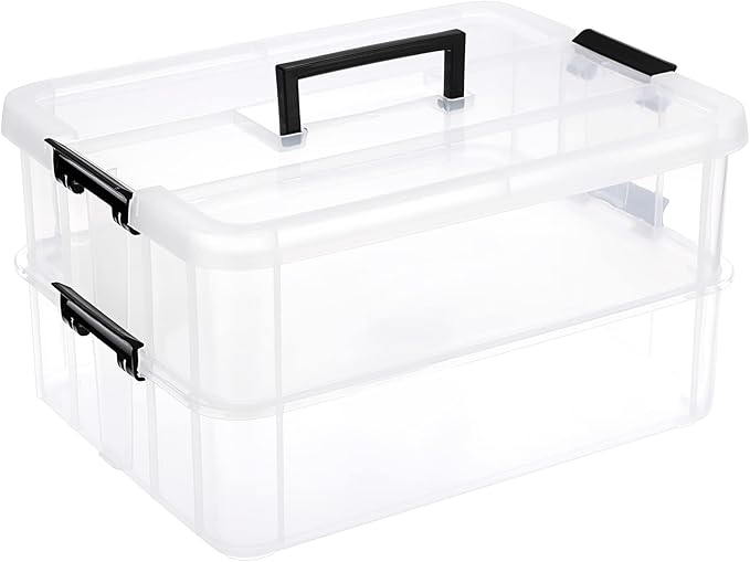 JUXYES 2-Tiers Stack Carry Storage Box With Handle Transparent Stackable Storage Bin With Handle Lid Latching Storage Container for School &amp Office Supplies