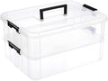 JUXYES 2-Tiers Stack Carry Storage Box With Handle Transparent Stackable Storage Bin With Handle Lid Latching Storage Container for School &amp Office Supplies