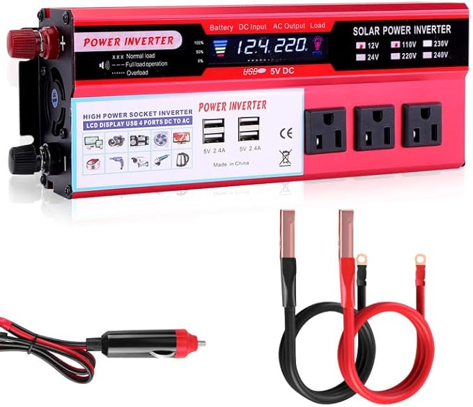 2000 watt Solar Power Inverter Solar Power Inverter 12V DC to 110V-120V AC Converter with 3 AC Outlets 2 USB Charging Port LCD Display for Off-Grid Solar Power System RV Truck Home