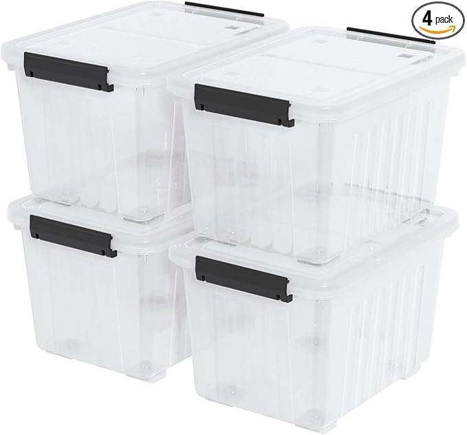 Cand 30 Quart Plastic Storage Boxes with Wheels 4 Pack Latching Lidded Storage Bins Clear