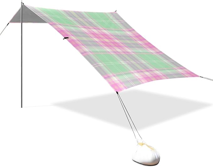 xigua Plaid Beach Tent Sun Shelter with Carrying Bag - Silver Coated Oxford Fabric Beach Canopy for Beach Camping Fishing - Includes Windproof Ropes Sandbags &amp Stakes