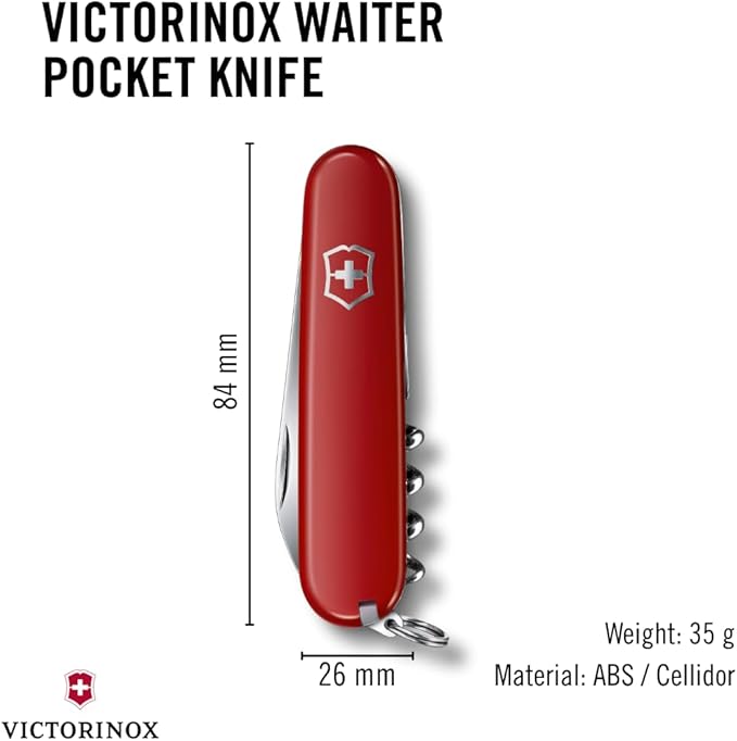 Victorinox Waiter Swiss Army Knife 9 Function Swiss Made Pocket Knife with Large Blade Corkscrew and Bottle Opener - Red