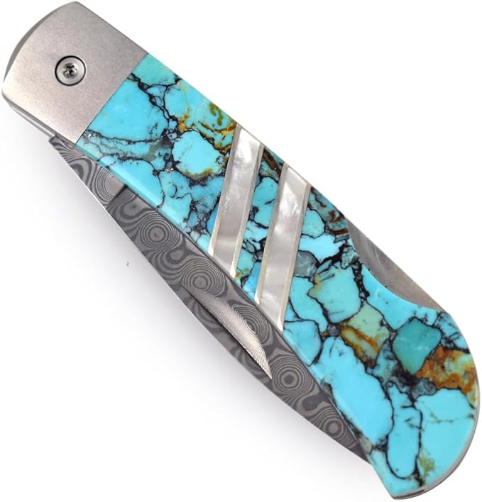 Modern Artisans Folding Pocket Knife with Damascus Blade and Artisan-Crafted Arizona Blue/Green Turquoise Handle 3