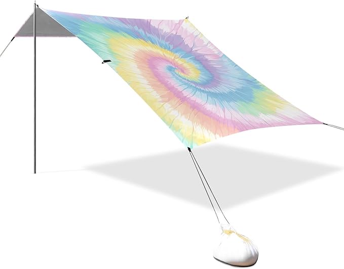 Aliceblue Tie-dye Background Rainbow Colors Beach Canopy UPF50+ Protection Waterproof Portable Sun Shelter with Sand Shovel Sandbags for Camping Picnics Backyard &amp Fishing