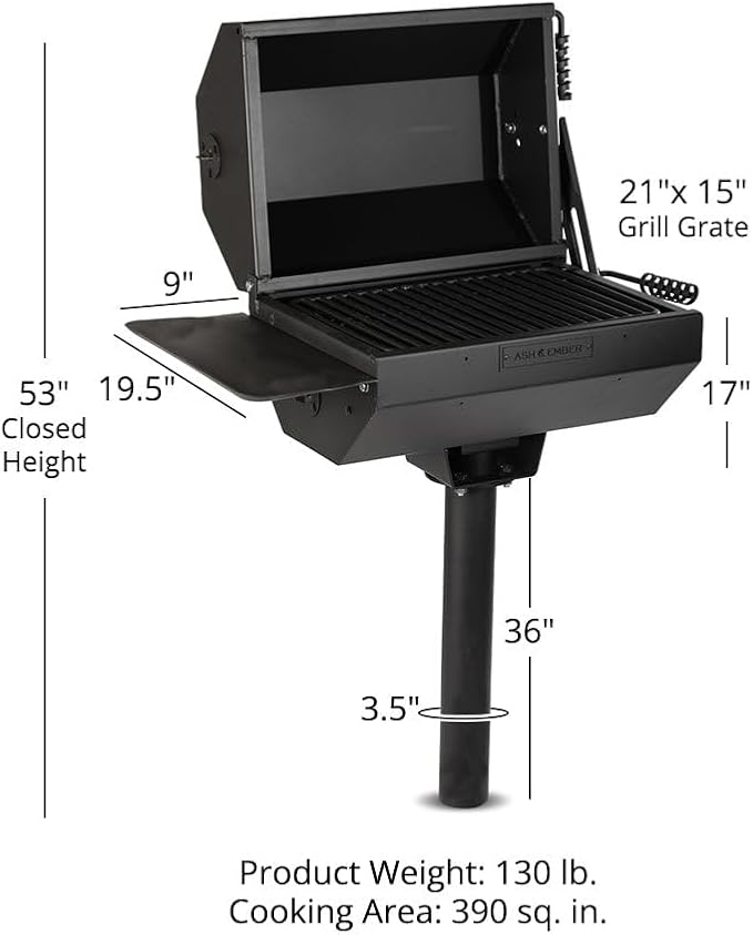 Ash &amp Ember Park-Style Grill &amp Smoker 390 Sq. In Charcoal Grill with Cover Side Shelf for BBQ Cooking Prep &amp Accessories Single Post Barbeque Grill Outdoor Grills &amp Smokers