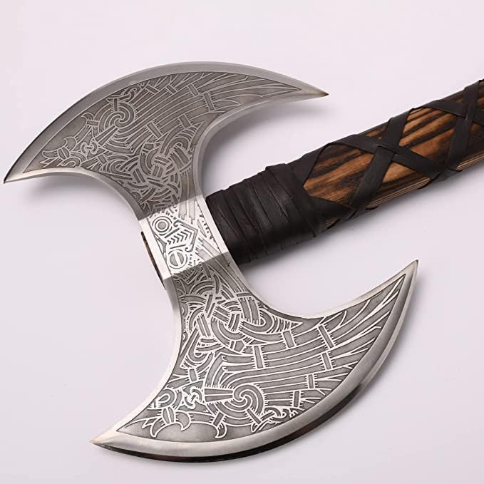 VIKING HOUSE I Camping Axe Tomahawk Viking Bearded Axe Christmas gifts-27 Long Odin's Double Edge Head Viking Axe Twin Blade Axe with Ash Wood Handle with Genuine Leather Sheath(OD-008)