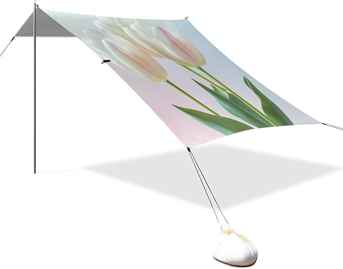 ALAZA Beautiful Blooming White Tulip Leaf Beach Tent Sun Shelter Portable Canopy Sunshade for Outdoor Camping Picnics Backyard Fun 10x9 ft