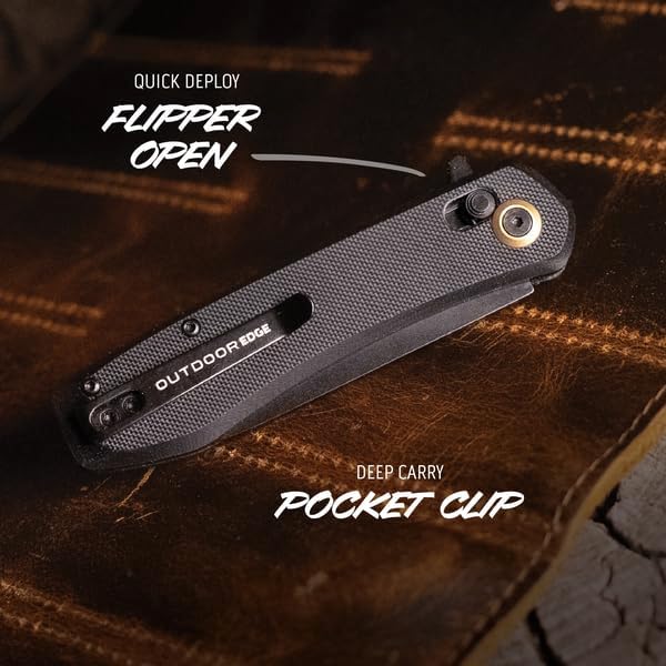 OUTDOOR EDGE Sentinel 3.15 Black Oxide Drop Point Blade – Smooth Ambidextrous Cross Bar Lock Non-Slip Black G10 Handle Ideal for Hunting Fishing Camping &amp Survival