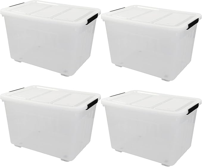 4 Packs 70L Large Plastic Storage Container with Wheels and Latching Lid Stackable Storage Containers Bin Clear