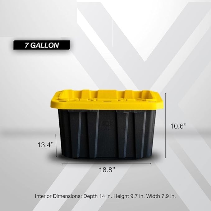 7 Gallon Heavy-Duty Stackable Storage Bins with Lids Black Professional Grade Organizers with Reinforced Yellow Snap-Fit Lids (Pack of 4)