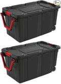 40 Gallon Wheeled Industrial Tote Plastic Storage Bin Black Set of 2