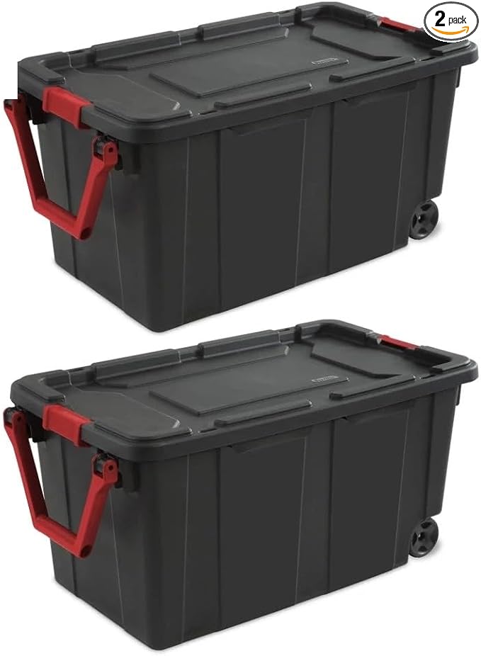 40 Gallon Wheeled Industrial Tote Plastic Storage Bin Black Set of 2