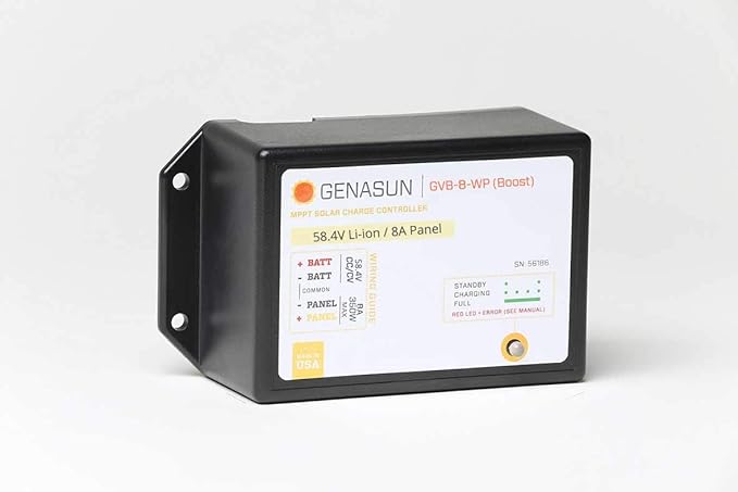 Genasun GVB-8-Li-58.4V-WP 8 A (Input) 350 W Solar Panel Waterproof Voltage Boosting MPPT Solar Charge Controller for 14S Lithium Batteries (eBikes Golf Carts Electric Boats etc.)