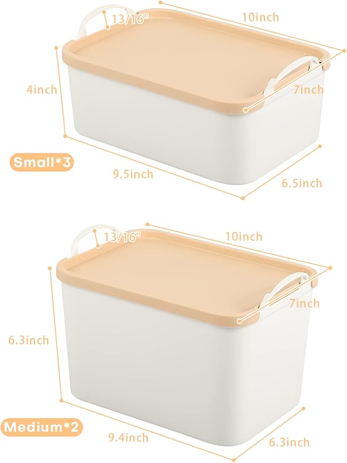 ANMINY 5PCS Plastic Storage Bins Containers with Lids Large Storage Organization Bins Boxes Lidded Plastic Storage Baskets for Closet Shelves Desktop Wheat Lids 2M + 3S