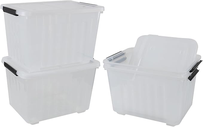 Xyskin 4-Pack 50 Quart Heavy Duty Plastic Storage Bins Stackable Containers with Clear Lids &amp BlackLatches for Bedding Clothing Holiday Decor Ideal for Garage &amp Closet