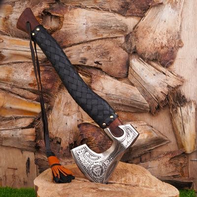 Viking Axe Carbon Steel Blade Rosewood Handle Leather Wrapped Handle Camping Axes Viking Ax Hatchet Real Tomahawk Gift Wood Splitting Axes Birthday Gift with Premium Leather Sheath