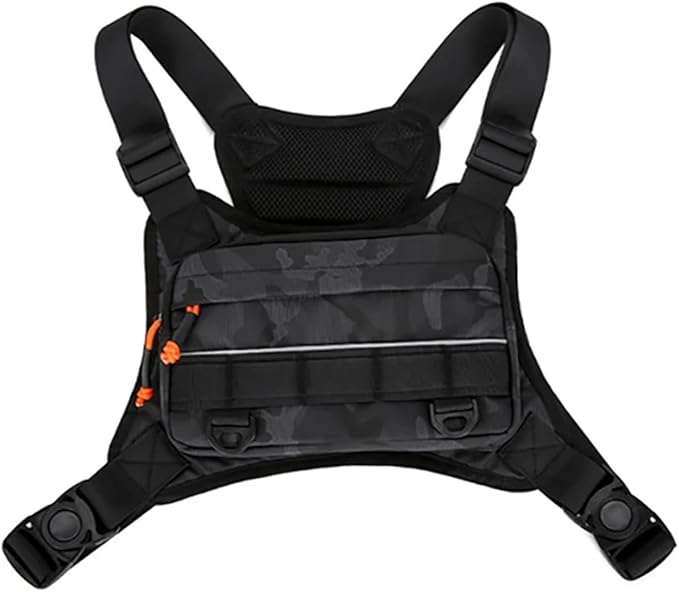 Genérico Front Chest Bag Camping Vest Backpack Compatible for Men Women Running Tactical Pack Sports Outdoor Cycling fishing(Black Camouflage)